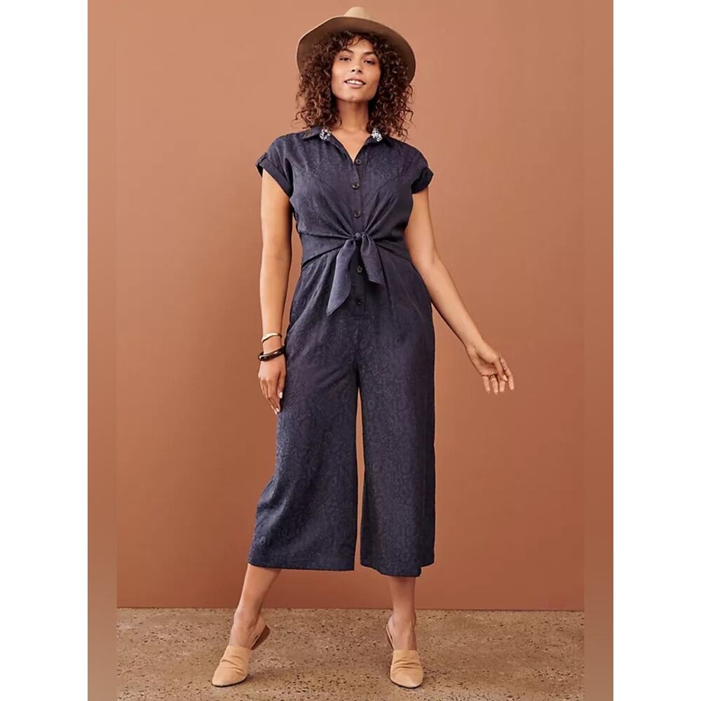 Ett:Twa Anthropologie Navy Patterned James Tie-Waist Jumpsuit Size 2 - Picture 6 of 12